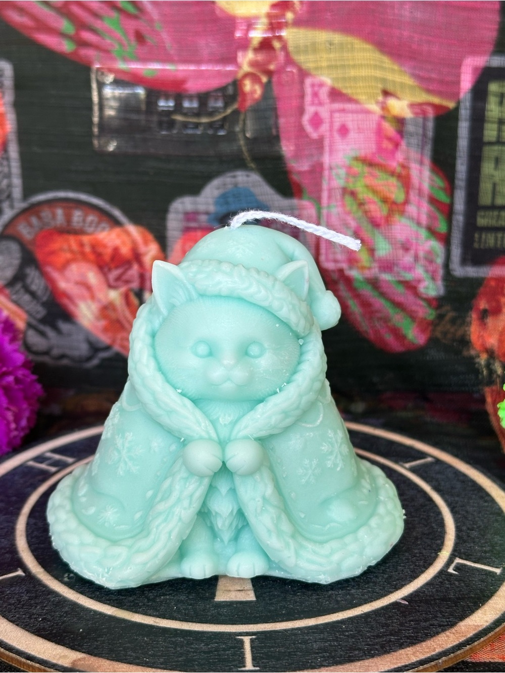 Handmade Winter Cat Candle โ Cozy Hooded Kitty in Light Blue